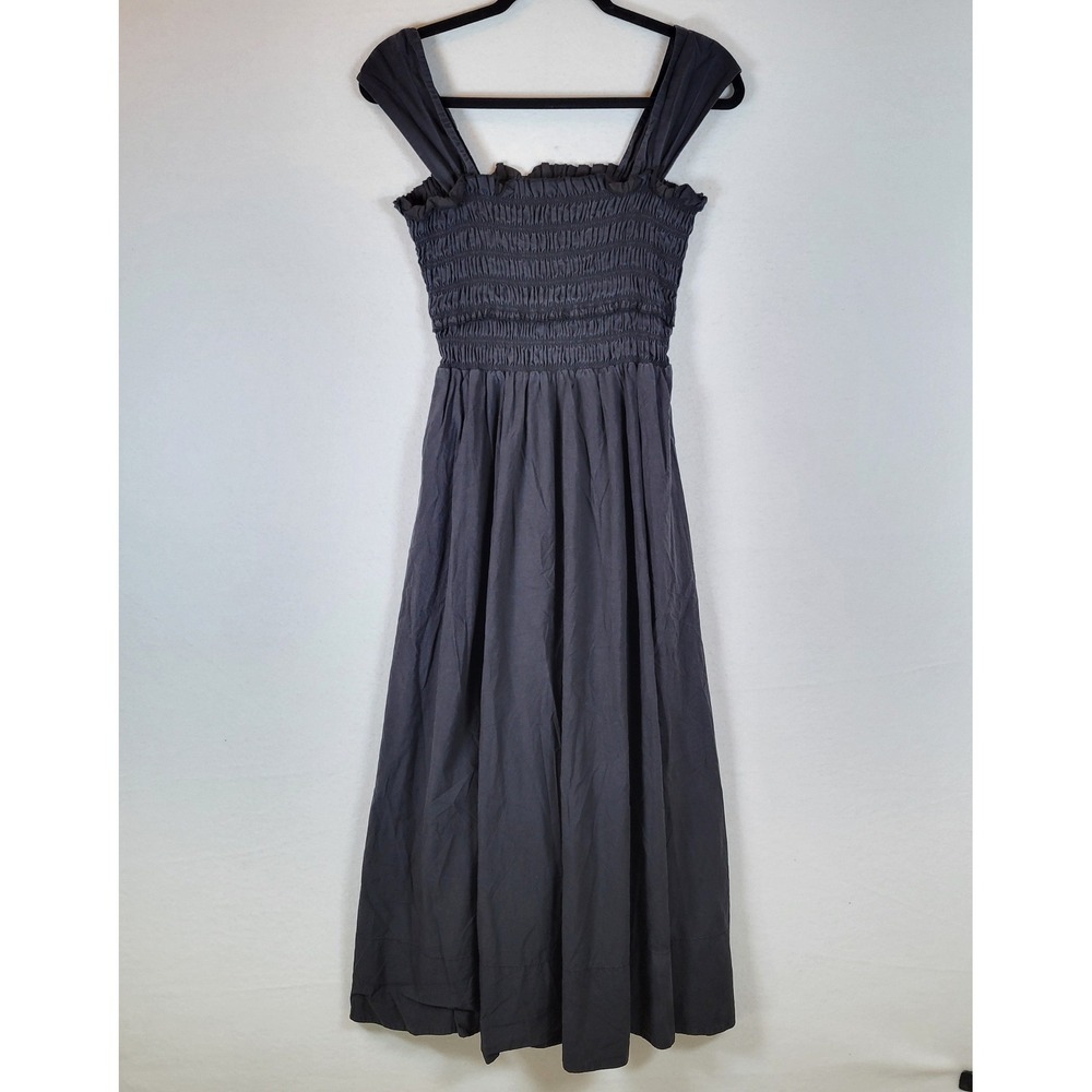 Club Monaco Womens Peasant Midi Dress Smocked Pockets Size Medium Black - Picture 5 of 11